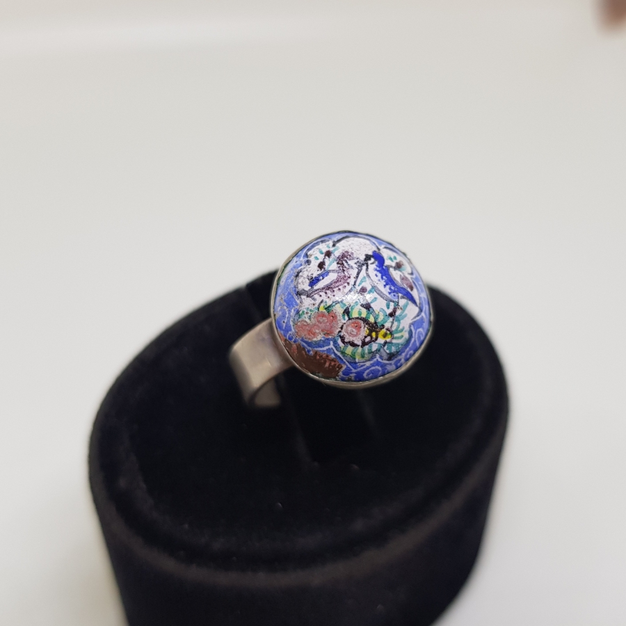 ÜZERİ EL BOYAMA İŞÇİLİKLİ ÖZEL YAPIM ANTİKA GÜMÜŞ MİNELİ YÜZÜK