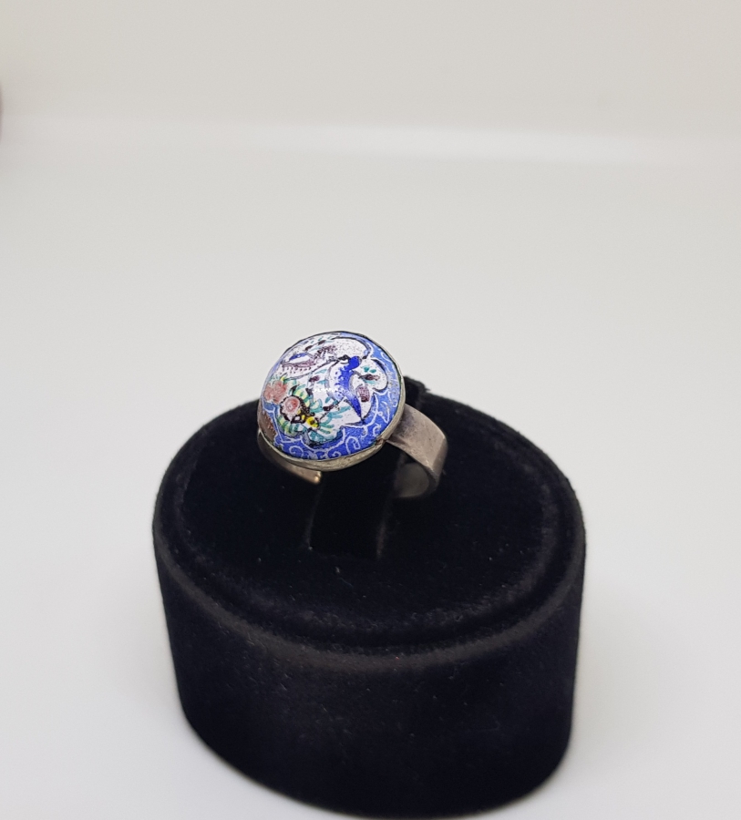 ÜZERİ EL BOYAMA İŞÇİLİKLİ ÖZEL YAPIM ANTİKA GÜMÜŞ MİNELİ YÜZÜK