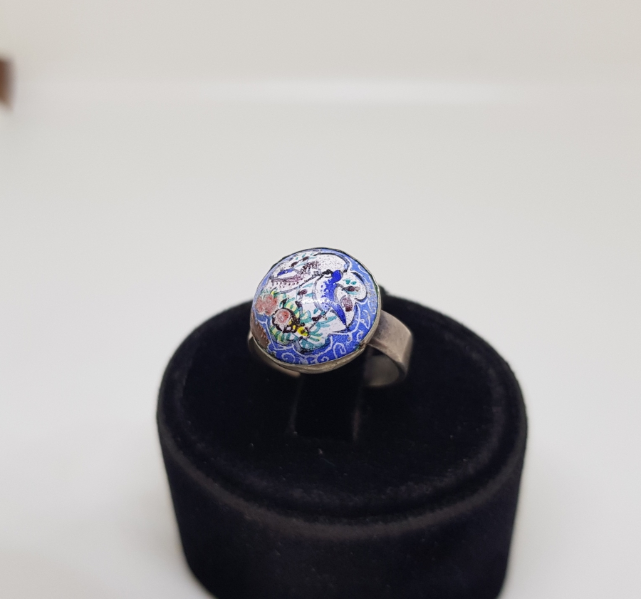 ÜZERİ EL BOYAMA İŞÇİLİKLİ ÖZEL YAPIM ANTİKA GÜMÜŞ MİNELİ YÜZÜK