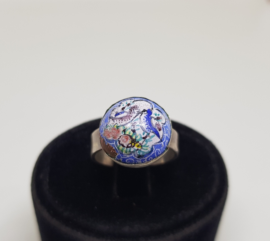 ÜZERİ EL BOYAMA İŞÇİLİKLİ ÖZEL YAPIM ANTİKA GÜMÜŞ MİNELİ YÜZÜK