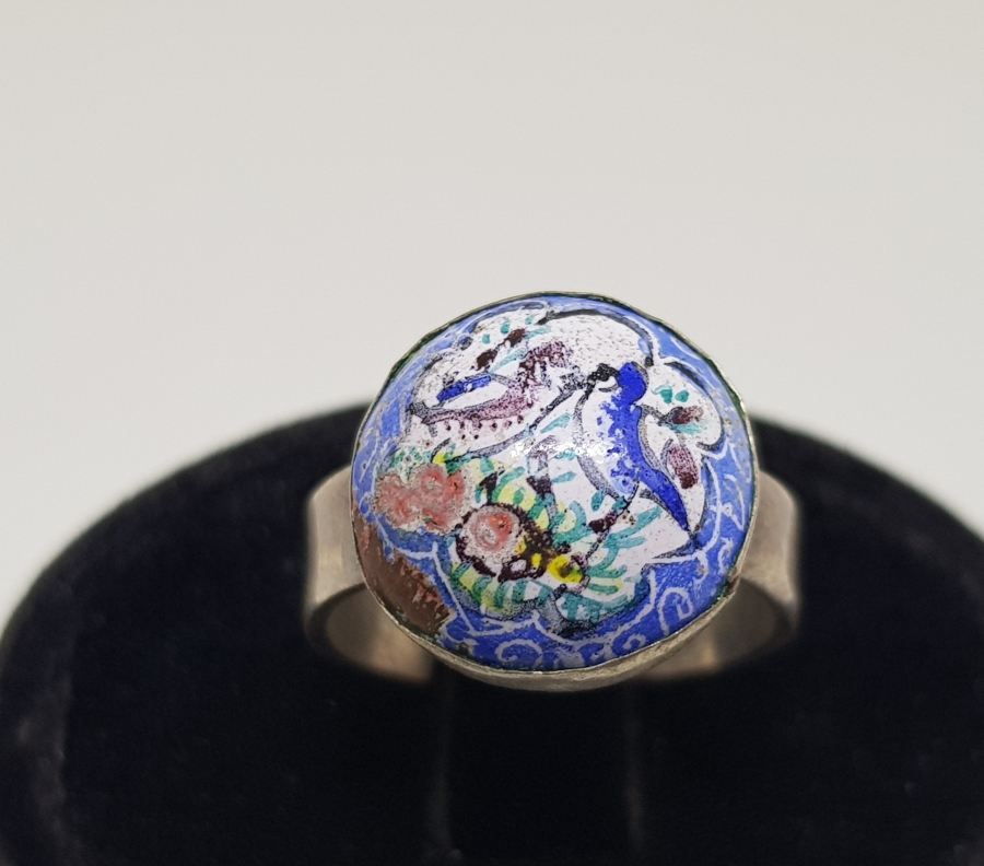 ÜZERİ EL BOYAMA İŞÇİLİKLİ ÖZEL YAPIM ANTİKA GÜMÜŞ MİNELİ YÜZÜK