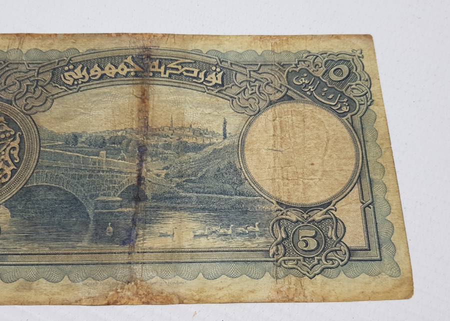 1. EMİSYON NADİR KAĞIT 5 LİRA - MEŞHUR KURTLU BEŞLİK