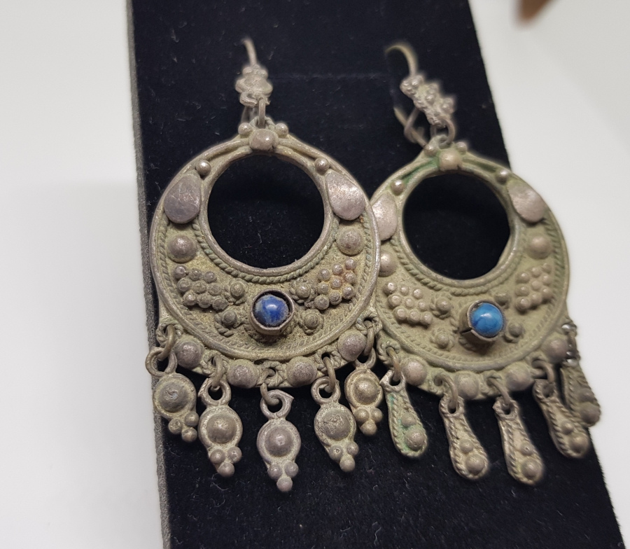 ÖZEL YAPIM DOĞAL TAŞLI ANTİKA GÜMÜŞ BÜYÜK BOY KÜPE