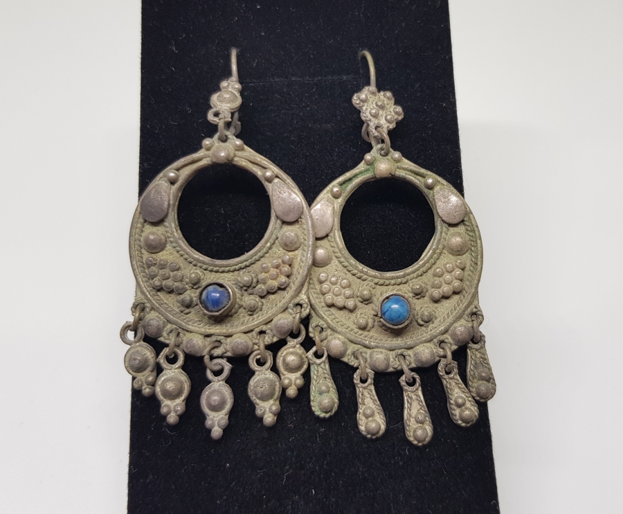 ÖZEL YAPIM DOĞAL TAŞLI ANTİKA GÜMÜŞ BÜYÜK BOY KÜPE