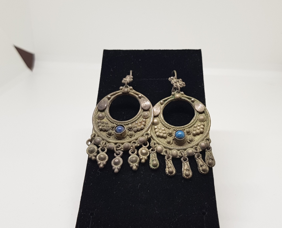 ÖZEL YAPIM DOĞAL TAŞLI ANTİKA GÜMÜŞ BÜYÜK BOY KÜPE