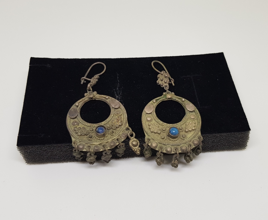 ÖZEL YAPIM DOĞAL TAŞLI ANTİKA GÜMÜŞ BÜYÜK BOY KÜPE