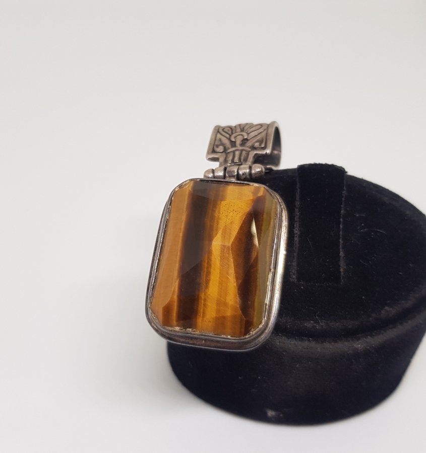 DOĞAL KAPLAN GÖZÜ TAŞLI ÖZEL YAPIM GÜMÜŞ KOLYE UCU