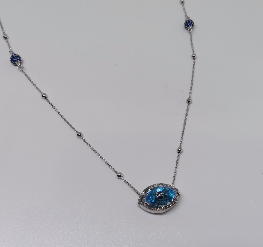 PIRLANTA VE SAFİR TAŞLI NAZAR BONCUĞU FORMLU KOLYE