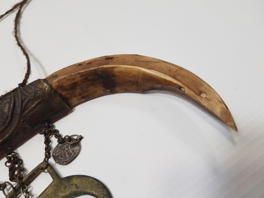 OSMANLI DÖNEMİ ŞAMAN İŞİ ÇOK NADİR HİLAL FORMLU DOMUZ DİŞİ AT SÜSÜ