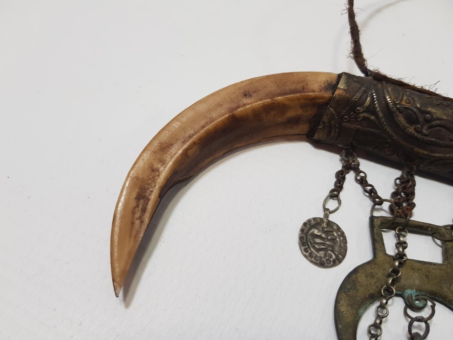 OSMANLI DÖNEMİ ŞAMAN İŞİ ÇOK NADİR HİLAL FORMLU DOMUZ DİŞİ AT SÜSÜ