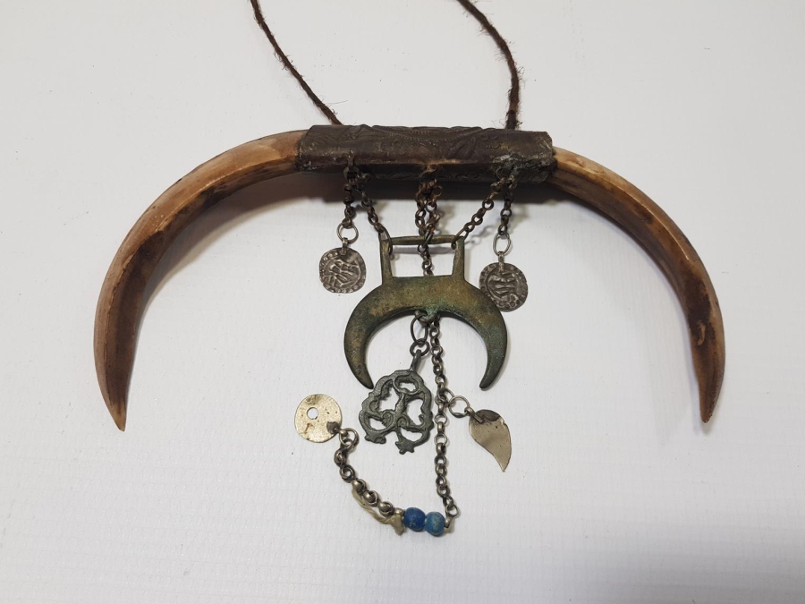 OSMANLI DÖNEMİ ŞAMAN İŞİ ÇOK NADİR HİLAL FORMLU DOMUZ DİŞİ AT SÜSÜ