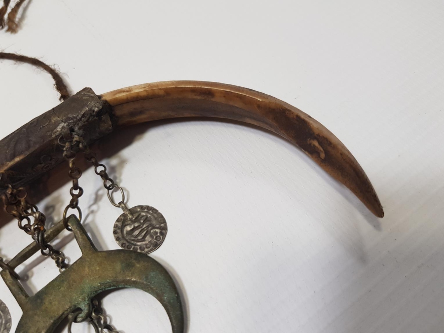 OSMANLI DÖNEMİ ŞAMAN İŞİ ÇOK NADİR HİLAL FORMLU DOMUZ DİŞİ AT SÜSÜ