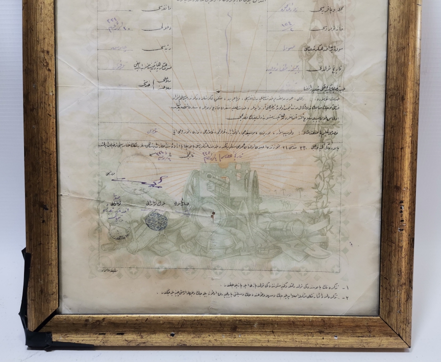 1. DÜNYA SAVAŞI DÖNEMİ ÇOK NADİR TOPÇU TERHİS BELGESİ