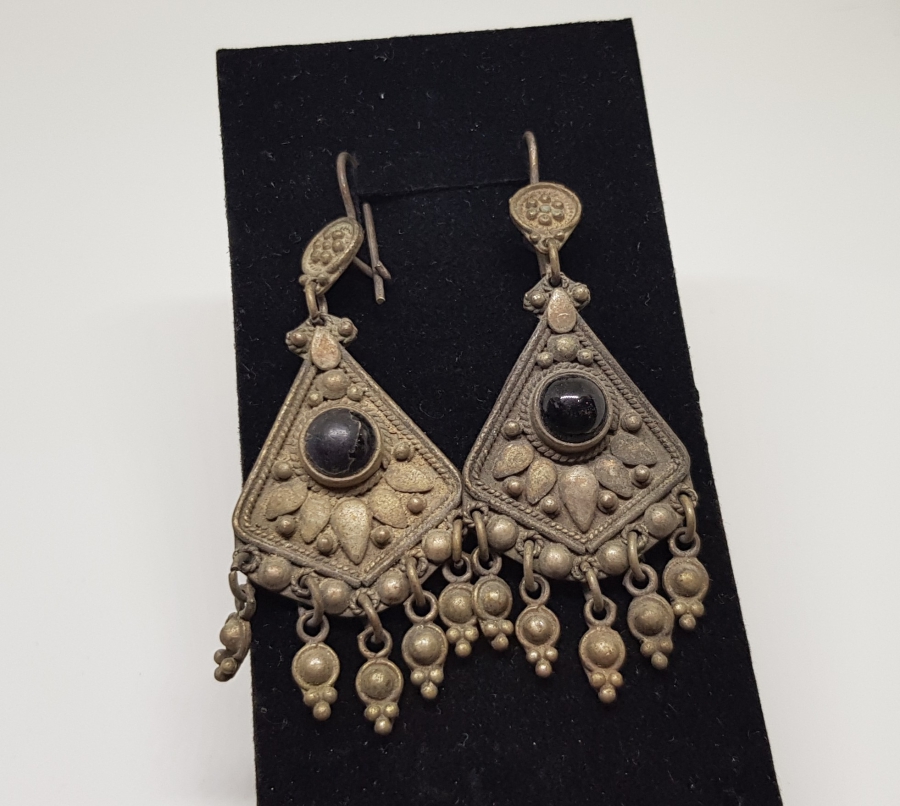 ÖZEL YAPIM ANTİKA SİYAH AKİKLİ GÜMÜŞ KÜPE