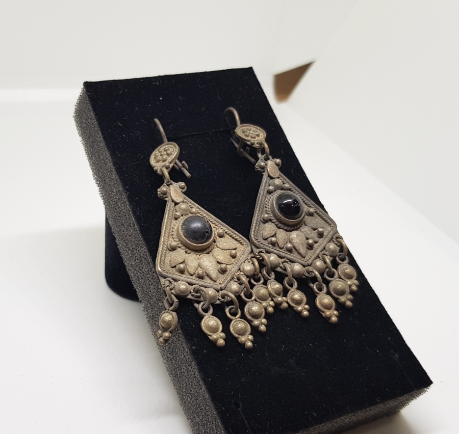 ÖZEL YAPIM ANTİKA SİYAH AKİKLİ GÜMÜŞ KÜPE