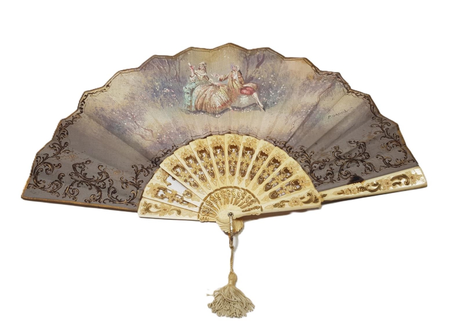 ANTİKA FİLDİŞİ SAPLI SANATÇI İŞİ EL BOYAMA YELPAZE