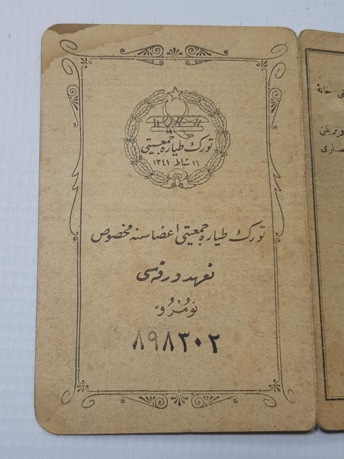 OSMANLICA TÜRK TAYYARE CEMİYETİ KİMLİK KARTI