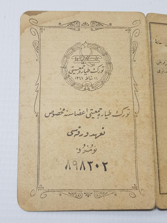 OSMANLICA TÜRK TAYYARE CEMİYETİ KİMLİK KARTI