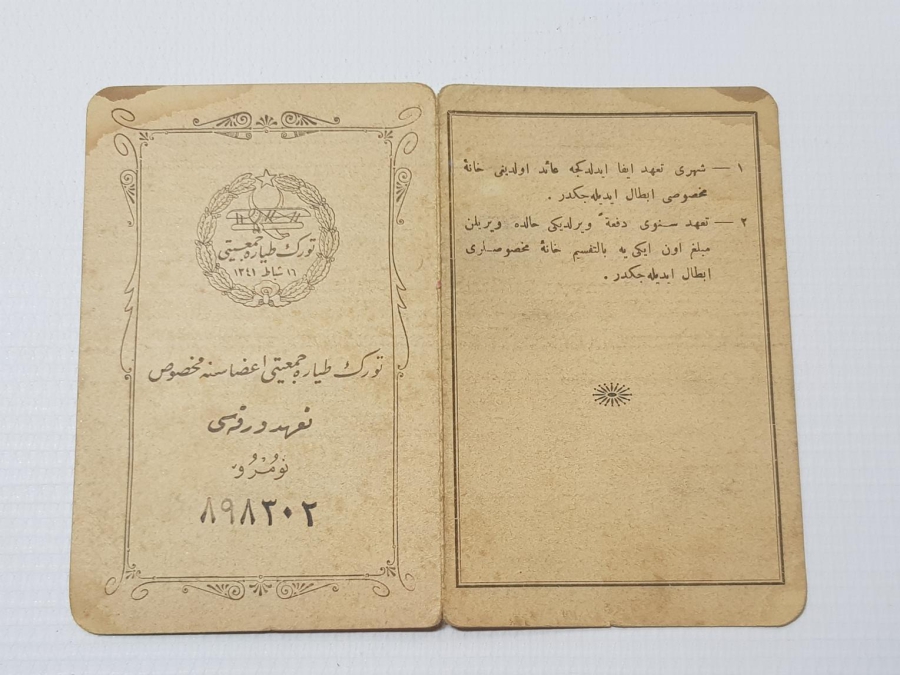 OSMANLICA TÜRK TAYYARE CEMİYETİ KİMLİK KARTI