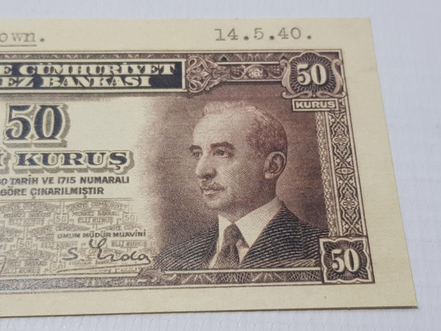 1940 İSMET İNÖNÜ RESİMLİ 50 KURUŞ DENEME BASKI ÇOK NADİR PARA