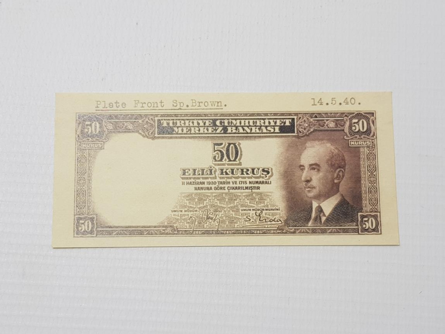 1940 İSMET İNÖNÜ RESİMLİ 50 KURUŞ DENEME BASKI ÇOK NADİR PARA