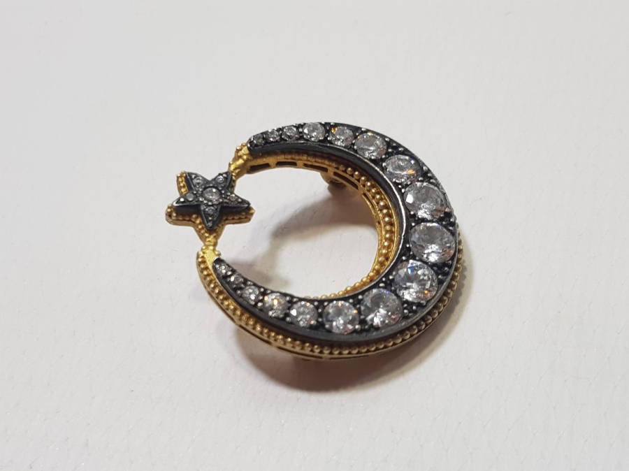 ANTİKA AY YILDIZ GÜMÜŞ BROŞ