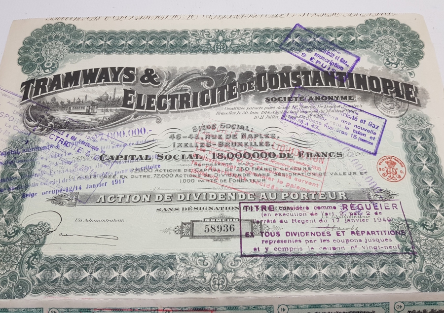OSMANLI DÖNEMİ İSTANBUL ELEKTRİKLİ TRAMVAY ŞİRKETİ HİSSE SENEDİ