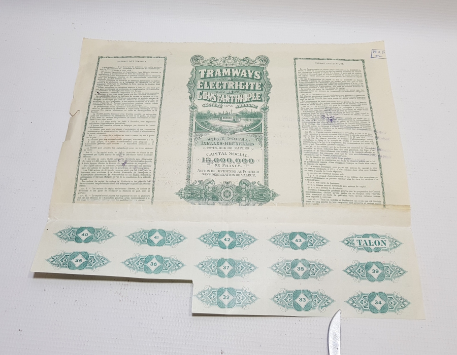 OSMANLI DÖNEMİ İSTANBUL ELEKTRİKLİ TRAMVAY ŞİRKETİ HİSSE SENEDİ