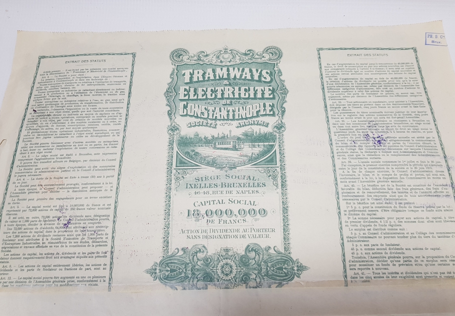 OSMANLI DÖNEMİ İSTANBUL ELEKTRİKLİ TRAMVAY ŞİRKETİ HİSSE SENEDİ