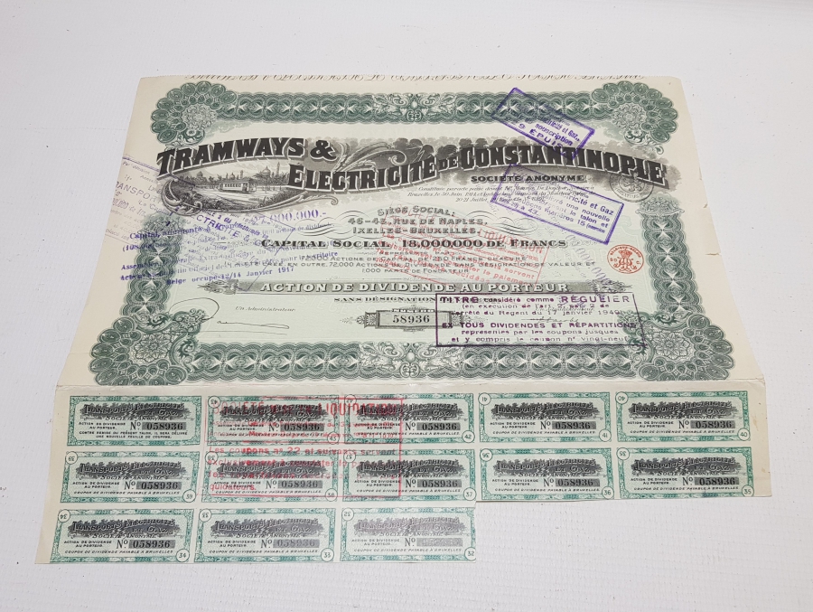 OSMANLI DÖNEMİ İSTANBUL ELEKTRİKLİ TRAMVAY ŞİRKETİ HİSSE SENEDİ