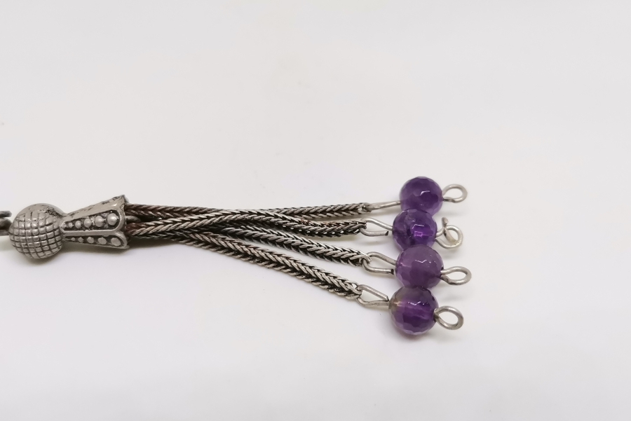 UÇLARINDA AMETİST TAŞI GÜMÜŞ KAPLAMA TESPİH PÜSKÜLÜ