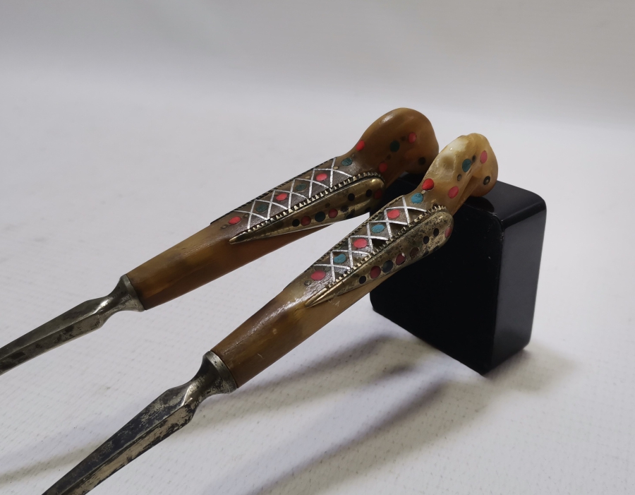 OSMANLI DÖNEMİ SAPLARI KUŞ FİGÜRLÜ NADİR GÜMÜŞ KAPLAMA SERVİS ÇATAL KAŞIĞI