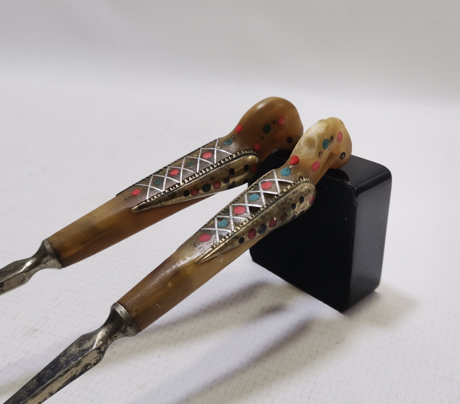 OSMANLI DÖNEMİ SAPLARI KUŞ FİGÜRLÜ NADİR GÜMÜŞ KAPLAMA SERVİS ÇATAL KAŞIĞI