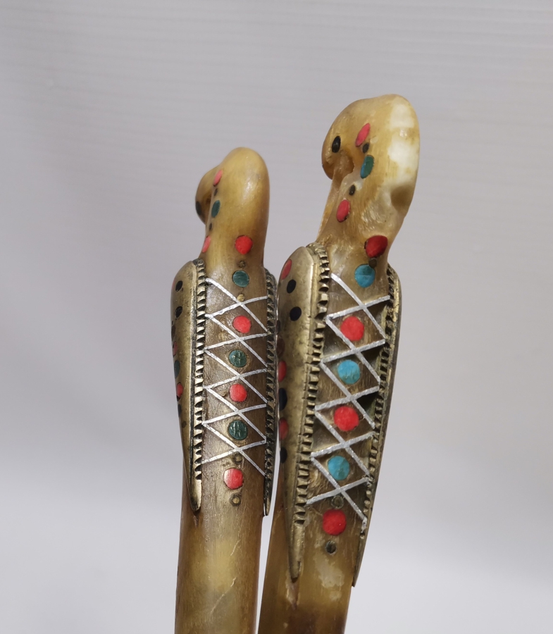 OSMANLI DÖNEMİ SAPLARI KUŞ FİGÜRLÜ NADİR GÜMÜŞ KAPLAMA SERVİS ÇATAL KAŞIĞI