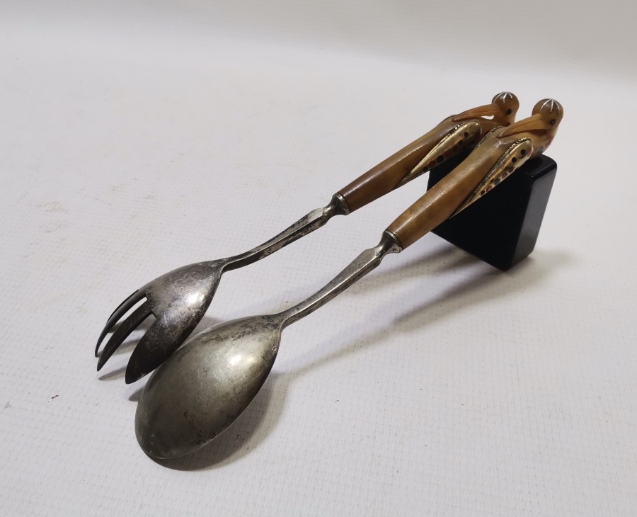 OSMANLI DÖNEMİ SAPLARI KUŞ FİGÜRLÜ NADİR GÜMÜŞ KAPLAMA SERVİS ÇATAL KAŞIĞI