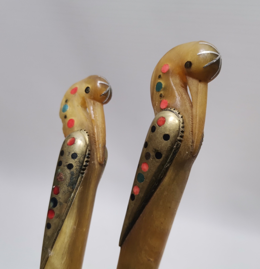 OSMANLI DÖNEMİ SAPLARI KUŞ FİGÜRLÜ NADİR GÜMÜŞ KAPLAMA SERVİS ÇATAL KAŞIĞI