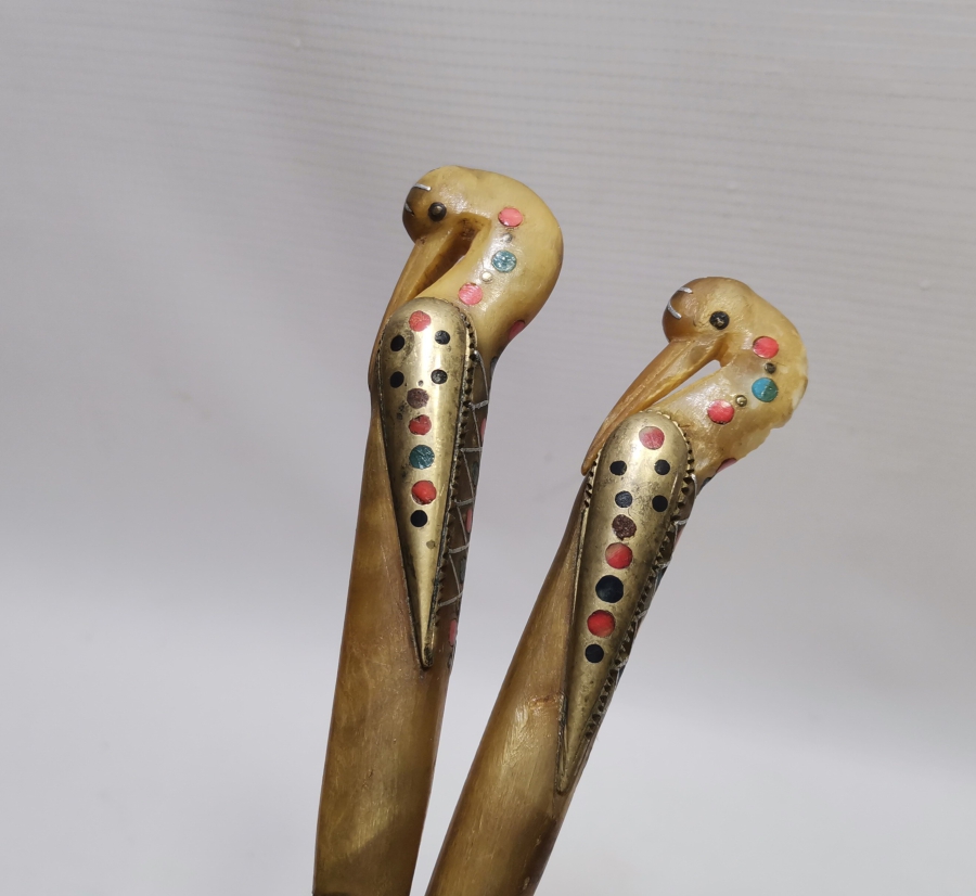 OSMANLI DÖNEMİ SAPLARI KUŞ FİGÜRLÜ NADİR GÜMÜŞ KAPLAMA SERVİS ÇATAL KAŞIĞI