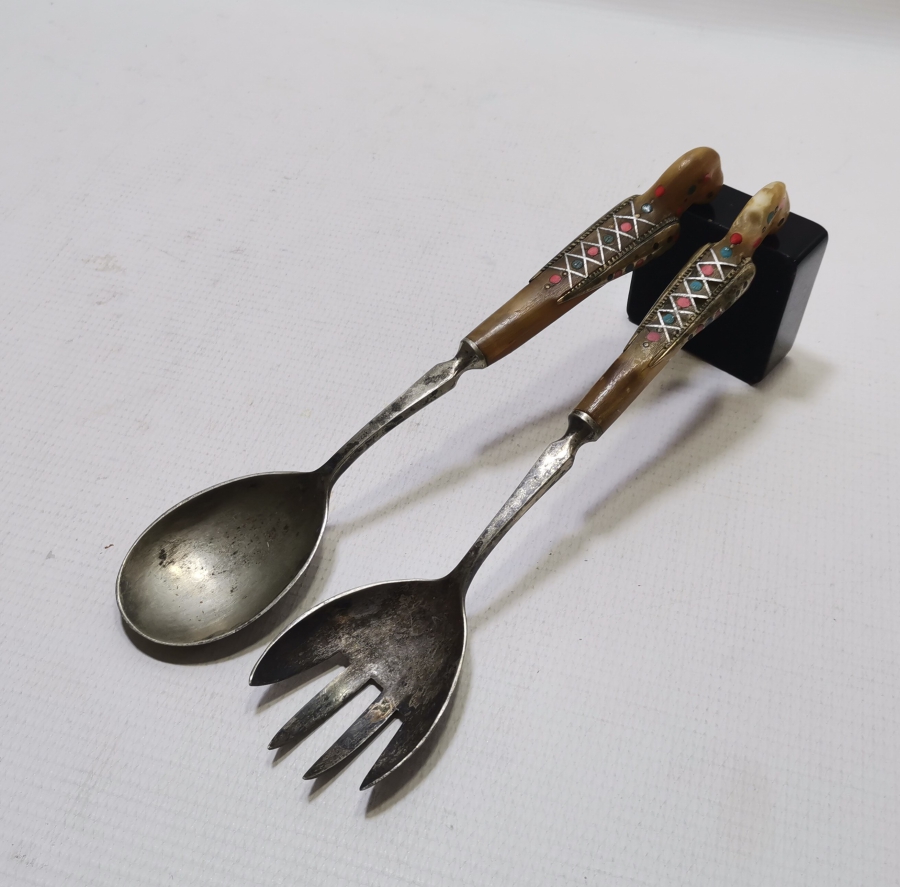 OSMANLI DÖNEMİ SAPLARI KUŞ FİGÜRLÜ NADİR GÜMÜŞ KAPLAMA SERVİS ÇATAL KAŞIĞI