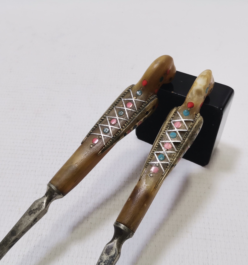 OSMANLI DÖNEMİ SAPLARI KUŞ FİGÜRLÜ NADİR GÜMÜŞ KAPLAMA SERVİS ÇATAL KAŞIĞI