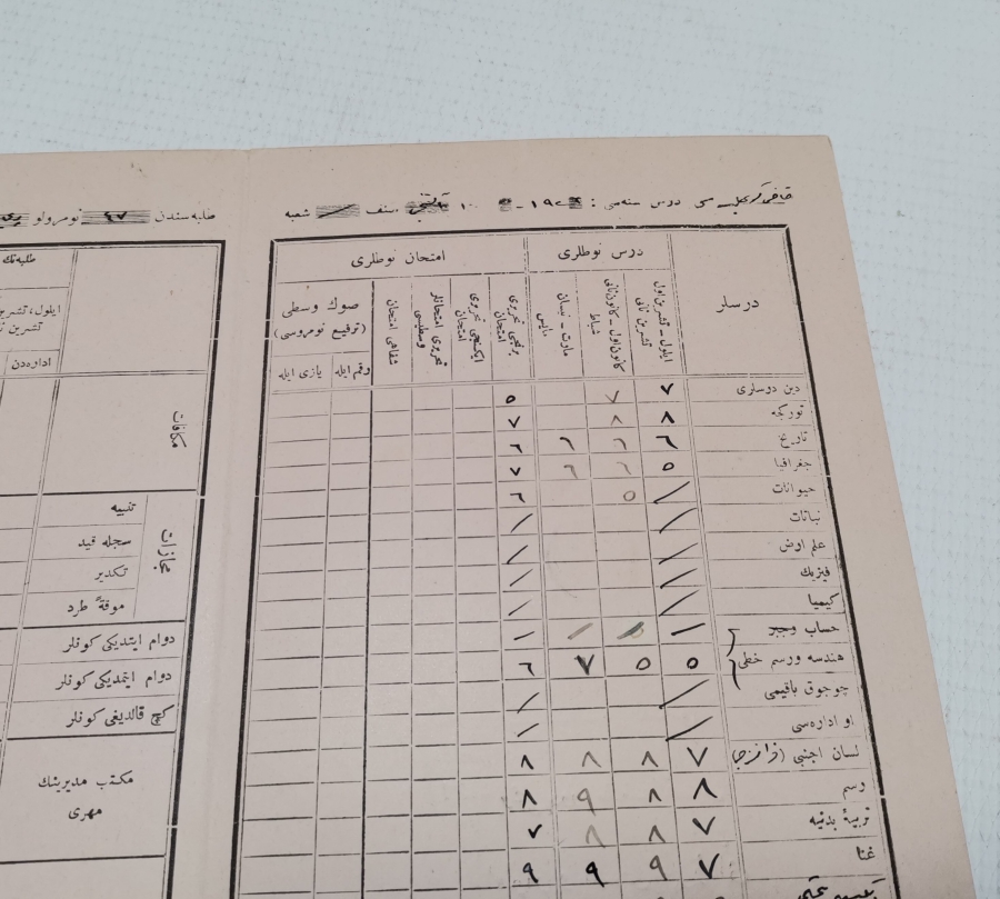 CUMHURİYET BAŞLARI OSMANLICA YAZILI ÖĞRENCİ KARNESİ