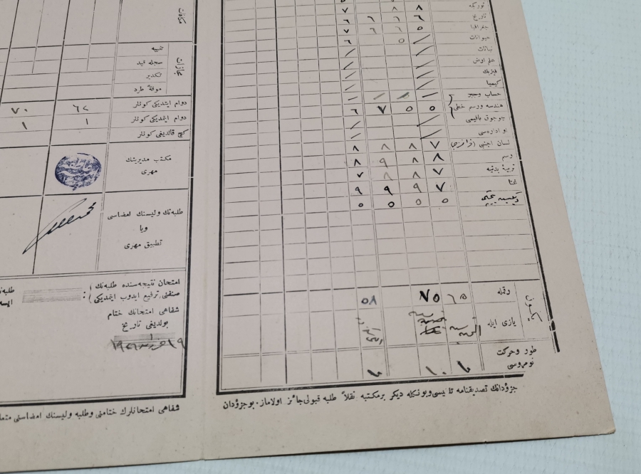 CUMHURİYET BAŞLARI OSMANLICA YAZILI ÖĞRENCİ KARNESİ
