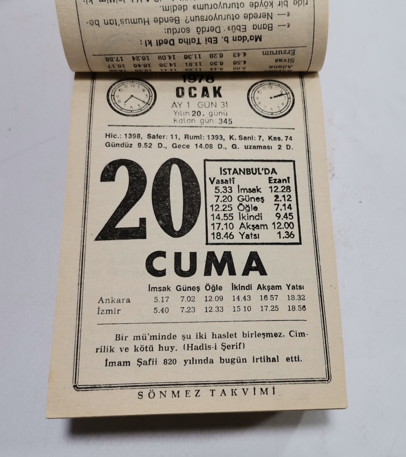 1978 TARİHLİ SAATLİ MAARİF TAKVİMİ