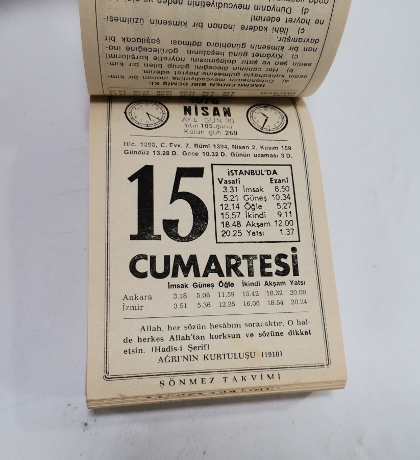 1978 TARİHLİ SAATLİ MAARİF TAKVİMİ