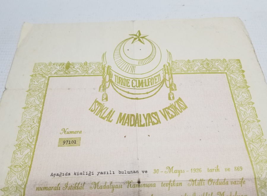 ÇOK YÜKSEK KONDİSYONDA NADİR İSTİKLAL MADALYASI BERATI