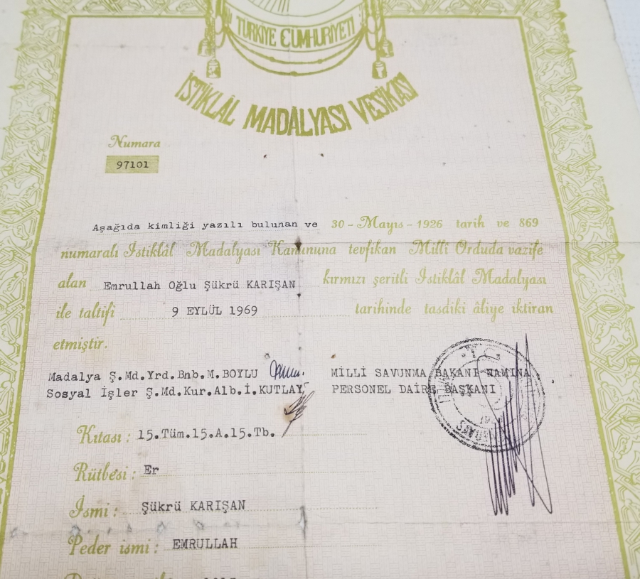 ÇOK YÜKSEK KONDİSYONDA NADİR İSTİKLAL MADALYASI BERATI