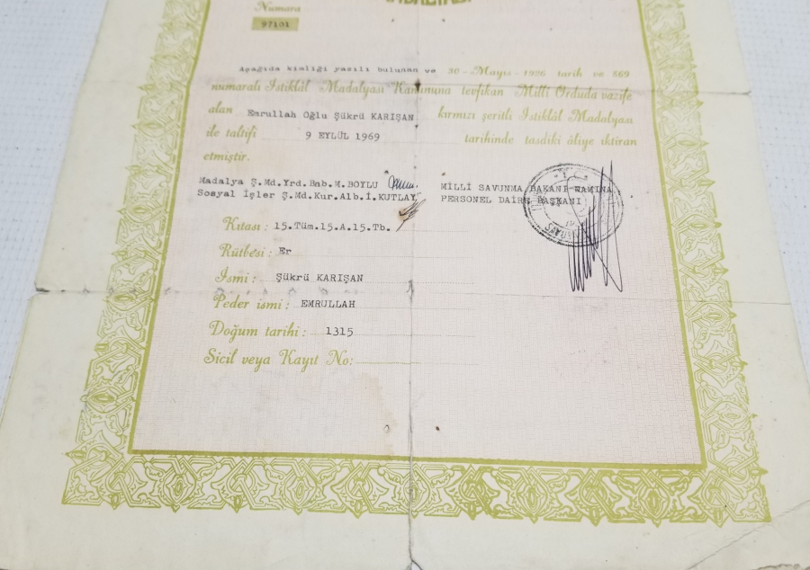 ÇOK YÜKSEK KONDİSYONDA NADİR İSTİKLAL MADALYASI BERATI