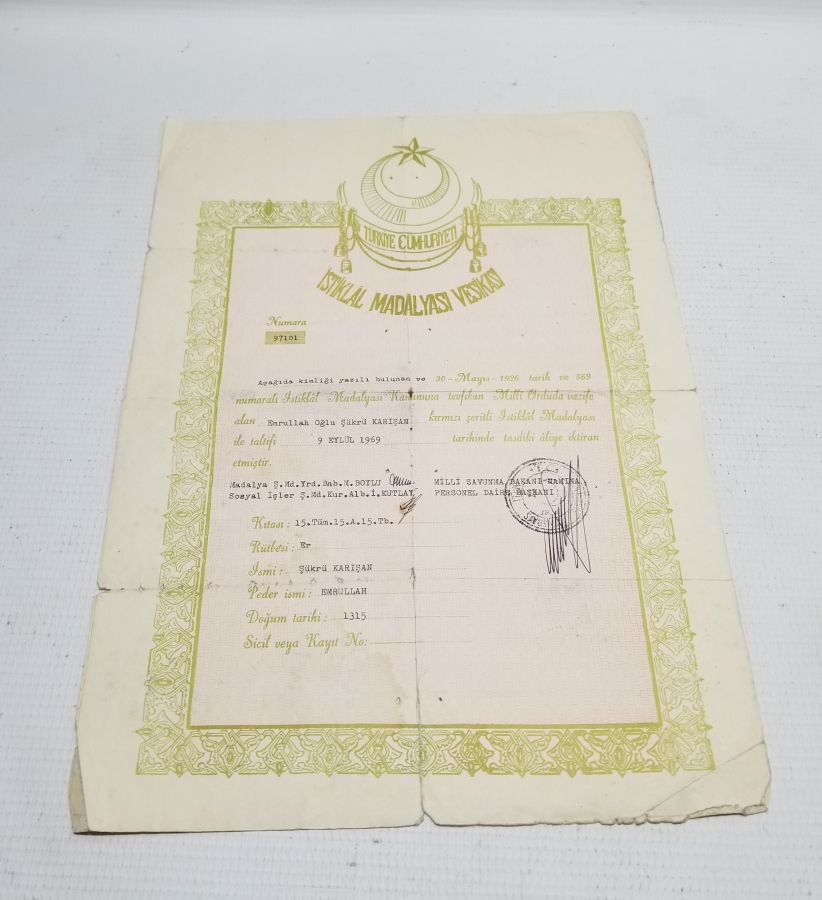 ÇOK YÜKSEK KONDİSYONDA NADİR İSTİKLAL MADALYASI BERATI