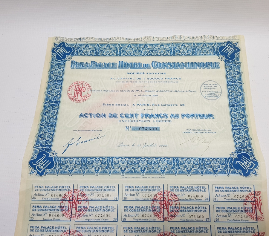 OSMANLI DÖNEMİ PERA PALAS OTELİ HİSSE SENEDİ