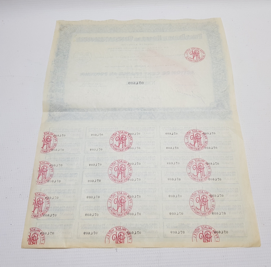 OSMANLI DÖNEMİ PERA PALAS OTELİ HİSSE SENEDİ