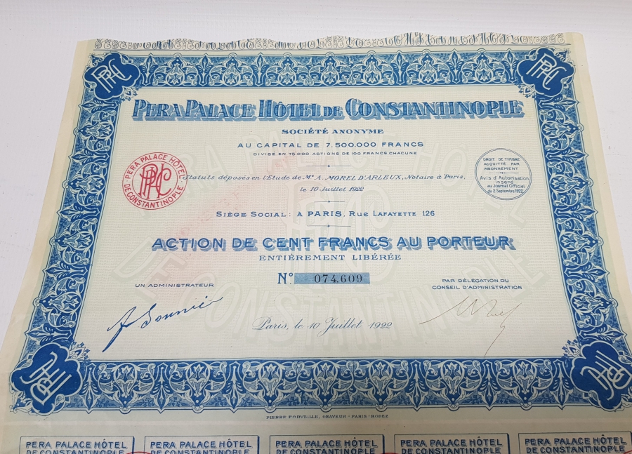 OSMANLI DÖNEMİ PERA PALAS OTELİ HİSSE SENEDİ